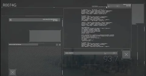 Image of glitching interfaces processing data on dark background Stock Photos