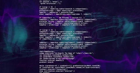 Image of glitching text data processing over blue and purple network waves on Stockfoto's