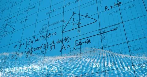 Image of glitter, math formulas and numbers on blue background Stock Photos