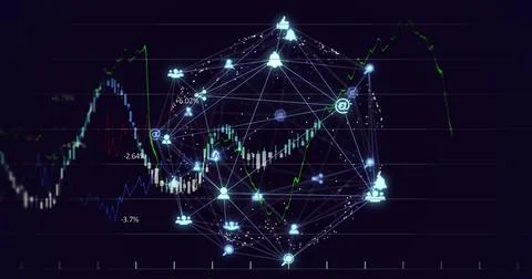 Image of global communication network and graph processing data on black Stock Photos