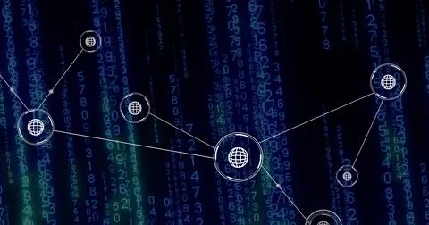Image of global communication network over data processing on blue background Stockfoto's
