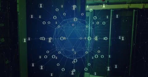 Image of global network of ai chatbot icons transferring data over dark computer 스톡 사진