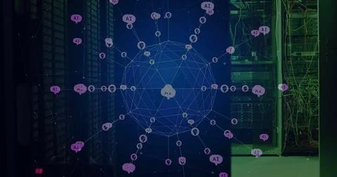 Image of global network of ai chatbot icons rotating over dark computer server Foto stock
