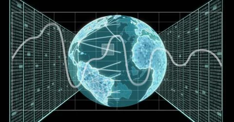 Image of global network and processing data interface screens on black Stock Illustration