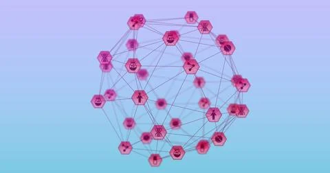 Image of global network of communication and science icons over blue background Stock Photos