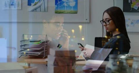 Image of global network processing data over business people in office 스톡 사진