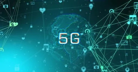 Image of globe with 5g over network of connections with icons on black Stock Illustration
