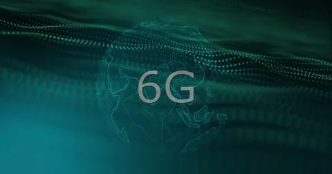 Image of globe with 6g over spots on black background Stock Photos