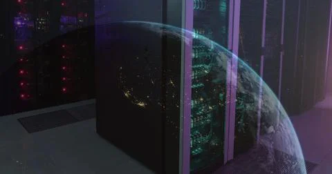 Image of a globe against computer server room Stock Photos