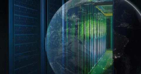 Image of a globe against computer server room Foto stock