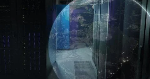 Image of a globe against computer server room Stock Photos
