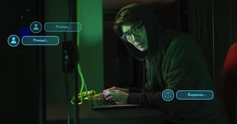 Image of globe ai data processing over asian man with laptop by servers Stock Photos