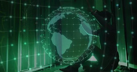 Image of globe ai data processing over asian man using vr headset Foto stock