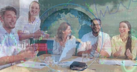 Image of globe and bianry coding data processing over diverse business people 写真素材