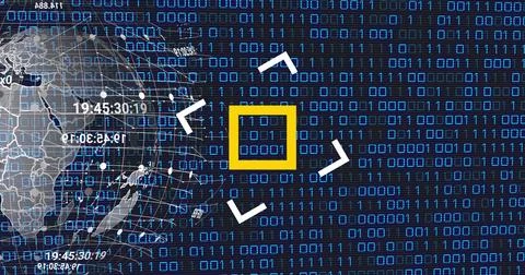 Image of globe and binary code on black background Stock Illustration