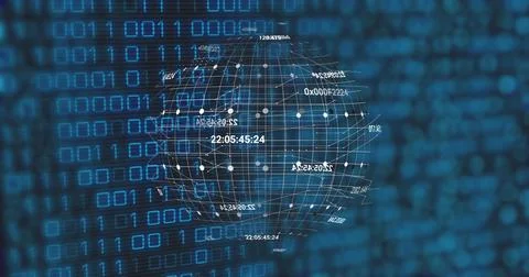 Image of globe and binary code on black background Stock Illustration