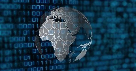 Image of globe and binary code on black background Stock Illustration