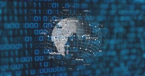 Image of globe and binary code on black background Stock Illustration