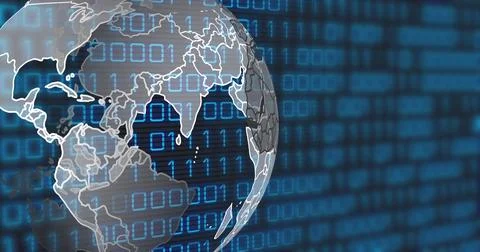 Image of globe and binary code on black background Illustrazione stock