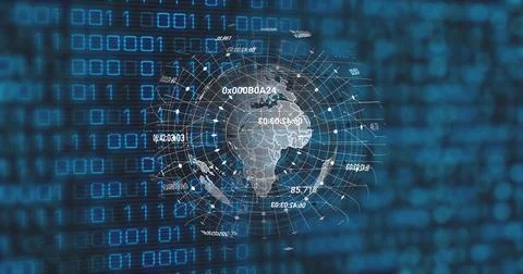 Image of globe and binary code on black background 스톡 일러스트