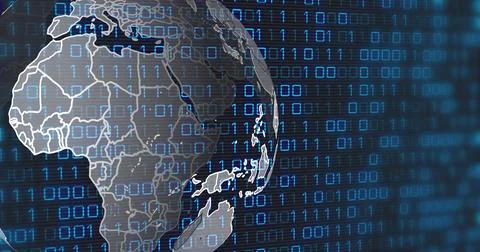 Image of globe and binary code on black background Stock Illustration