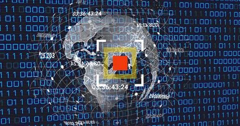 Image of globe and binary code on black background Stock Illustration