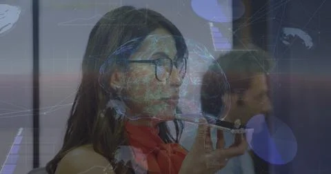 Image of globe and binary code over business people wearing phone headsets 스톡 사진