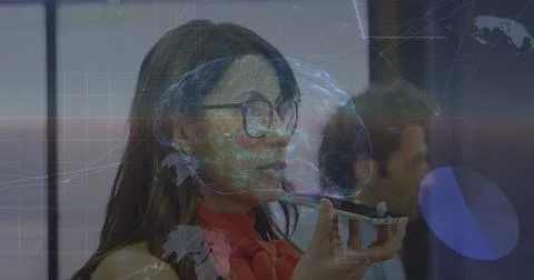 Image of globe and binary code over business people wearing phone headsets 스톡 사진