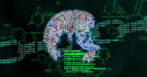 Image of globe and chain over data processing and chemical formula on black Stock Illustration