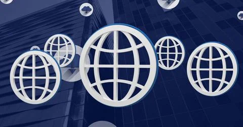 Image of globe and cloud icons with arrows and globe spinning over modern Stock Illustration