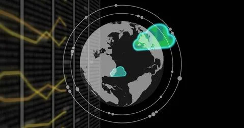 Image of globe and clouds over data processing 스톡 일러스트