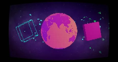 Image of globe and cubes moving over black background Illustrazione stock