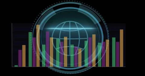 Image of globe and cyber security text over diagrams Stock Illustration