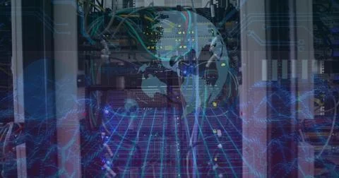 Image of globe and data over servers Stockfoto's