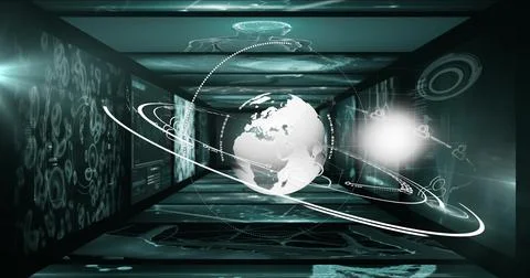 Image of globe and data processing on black background Illustrazione stock