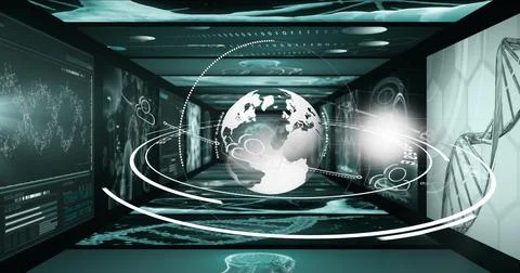 Image of globe and data processing on black background イラスト素材