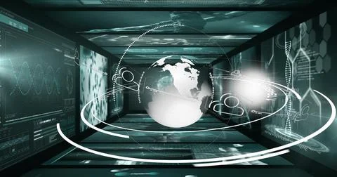 Image of globe and data processing on black background Stock Illustration