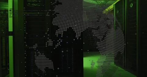Image of globe and data processing over server room Illustrazione stock