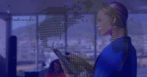 Image of globe and data processing over caucasian businesswoman using tablet in Stock Illustration