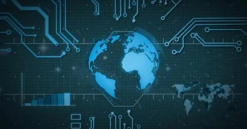 Image of globe and data processing over circuit board on screens 스톡 일러스트