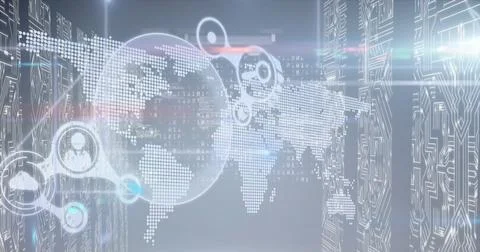Image of globe and data processing over world map and screen on blue background イラスト素材