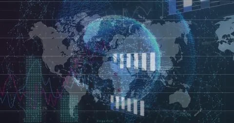 Image of globe and data processing over network of connections on black Illustrazione stock