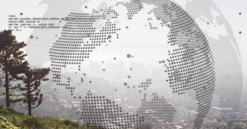 Image of globe and data processing over landscape 写真素材