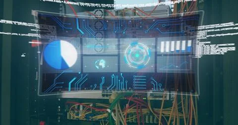 Image of globe and data processing on screen over computer wires Foto stock