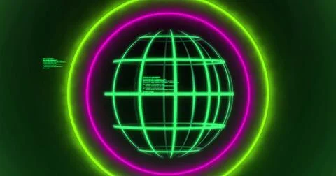 Image of globe and data processing over neon circles on black background Stock Photos