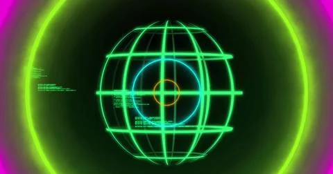Image of globe and data processing over neon circles on black background Foto stock