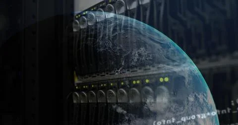 Image of globe and data processing against close up view of computer server Stock Photos