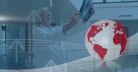 Image of globe and data processing over business man using tablet Stock Photos
