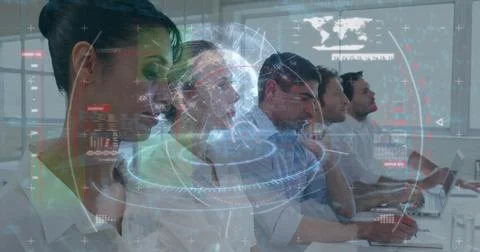 Image of globe and data processing over diverse business people Foto stock