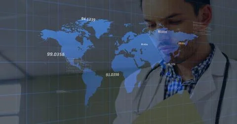 Image of globe and data processing over financial data on blue background Stock Photos